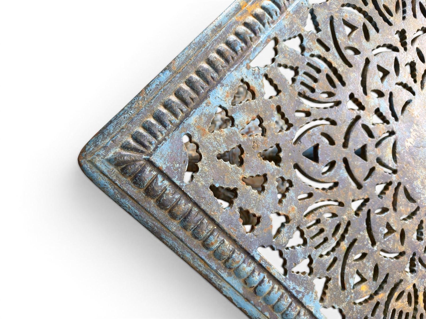 Victorian revival ornate cast iron garden table, pierced square top, pedestal base, finished in distressed blue paint