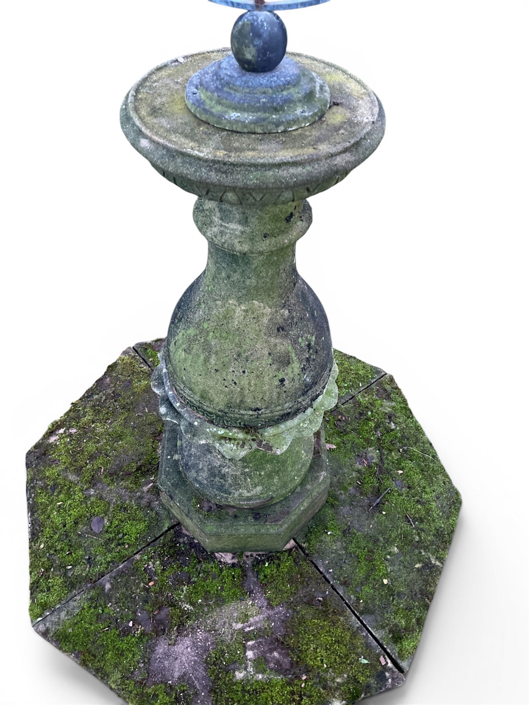 Impressive Haddon stone armillary sundial, raised on column pedestal with octagonal base, seated on weathered sectional plinth, measurements without plinth.
Plinth: 140cm x 140cm