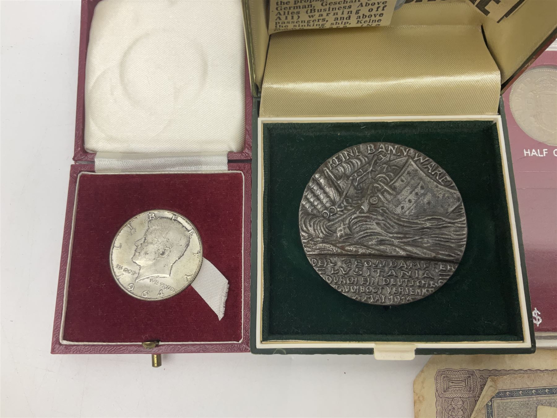 Great British and World coins and banknotes, including two Queen Victoria 1887 florins, King George V 1930 halfcrown, pre decimal pennies and other denominations, five Queen Elizabeth II five pound coins, United States of America 1964 Kennedy half dollar, German and other banknotes etc