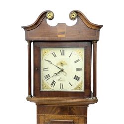 John Beal of Oundle (Northants) - 30hour oak and mahogany longcase clock c1840,  with a swans necked pediment and brass patera , glazed square hood door beneath flanked by reeded pilasters with brass capitals, trunk with a short flat topped door and conch inlay, mahogany crossbanding and a raised panel beneath, rectangular plinth with a conforming panel on bracket feet, painted dial with gold transfer spandrels, Roman numerals and minute markers, matching steal moon hands and curved date aperture, dial pinned directly to a chain weight driven movement with countwheel striking, sounding the hours on a cast bell. With weight and pendulum.