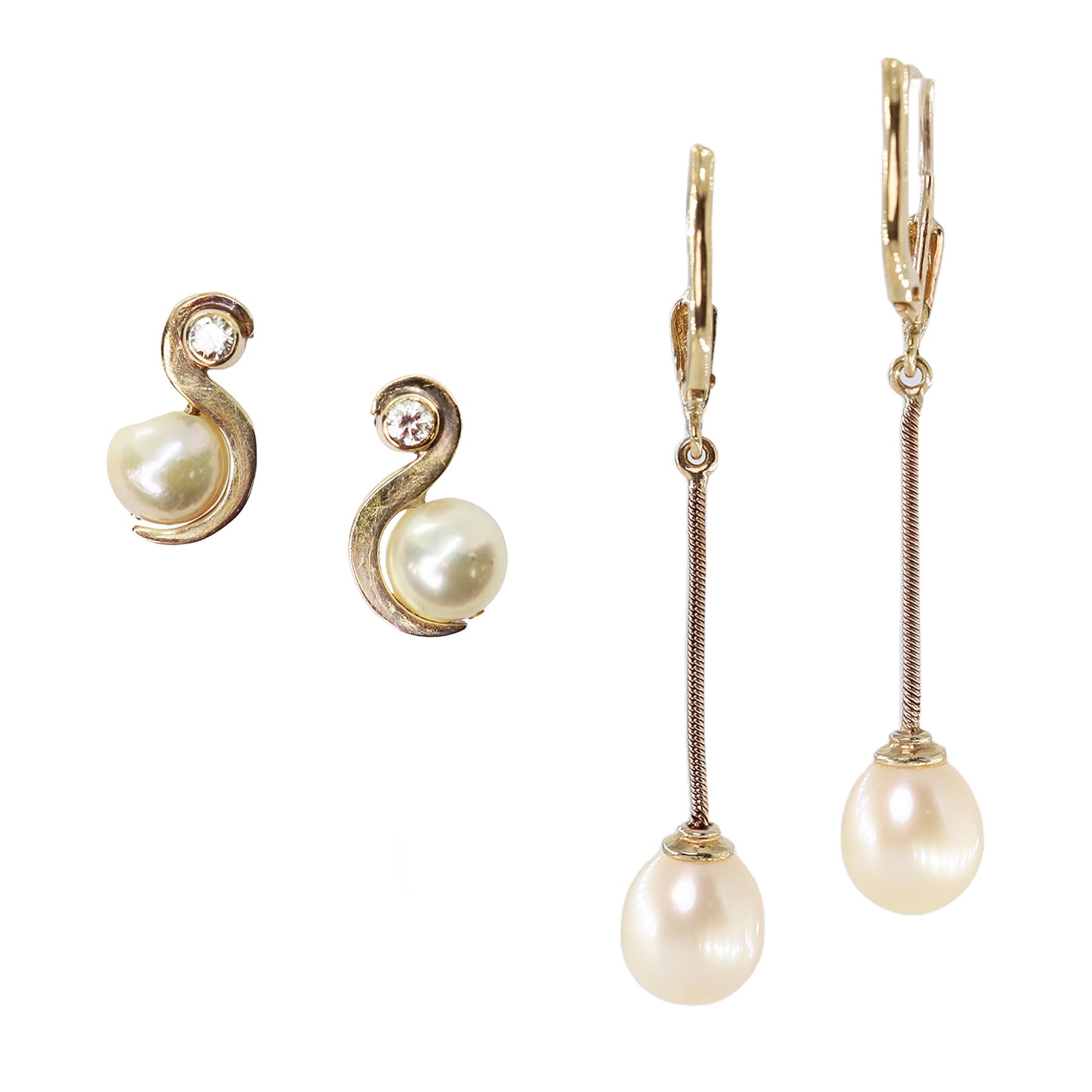 Pair of gold pearl and diamond stud earrings, and one other pair, both 9ct
