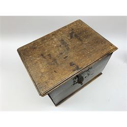 18th century oak boarded box, with rectangular moulded hinged lid, iron lock, and incised decoration, H25cm W37cm D26cm