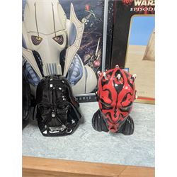 Star Wars collectables, including Neca General Grievous cookie jar,R2-D2 telephone, Episode I chess set, puzzle, Darth Vader back pack and two money boxes