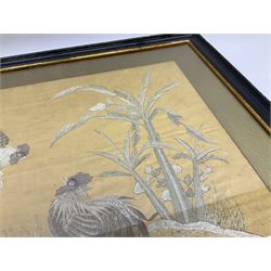Framed Chinese embroidered silk panel depicting cock and hen amongst  trees and grasses, H55cm. 
