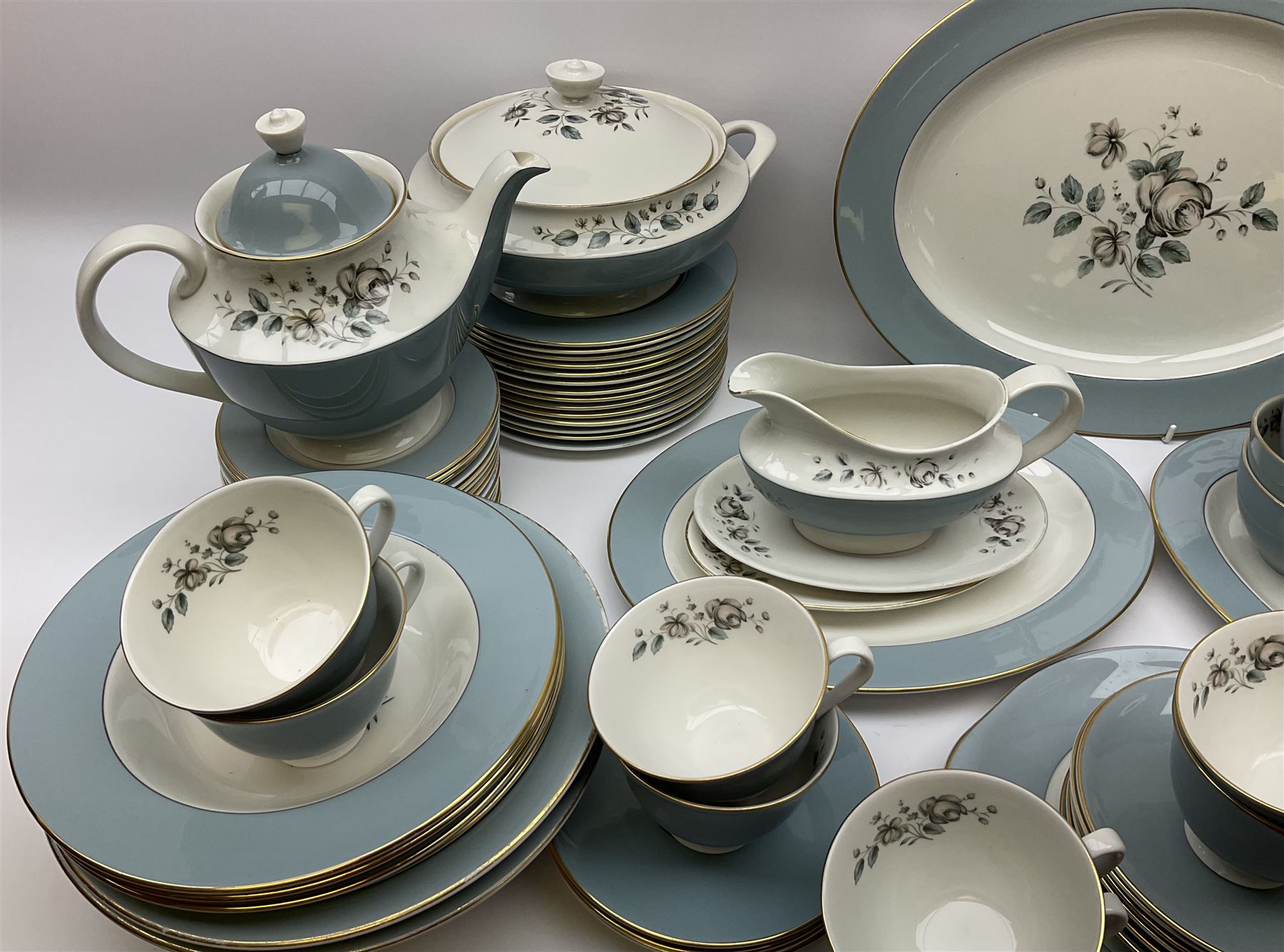 Royal Doulton Rose Elegans pattern tea and dinner wares, to include teapot, fourteen cups and saucers, two milk jug, cream jug, two sucriers, two covered serving dishes, serving platter, etc (98+)