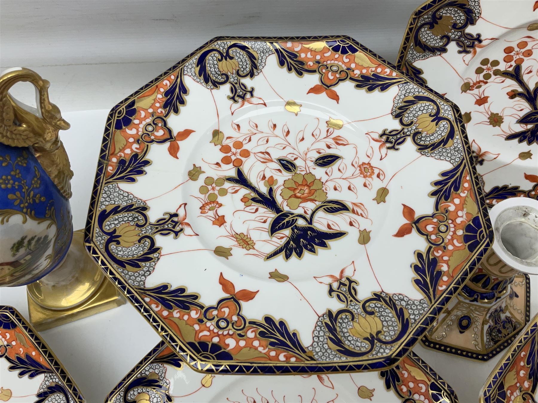 Devonport imari pattern comport set, comprising two tall comports and three low comports, together with twin handled pedestal ovoid vase, decorated with landscape with gilt swan handles, vase H25cm