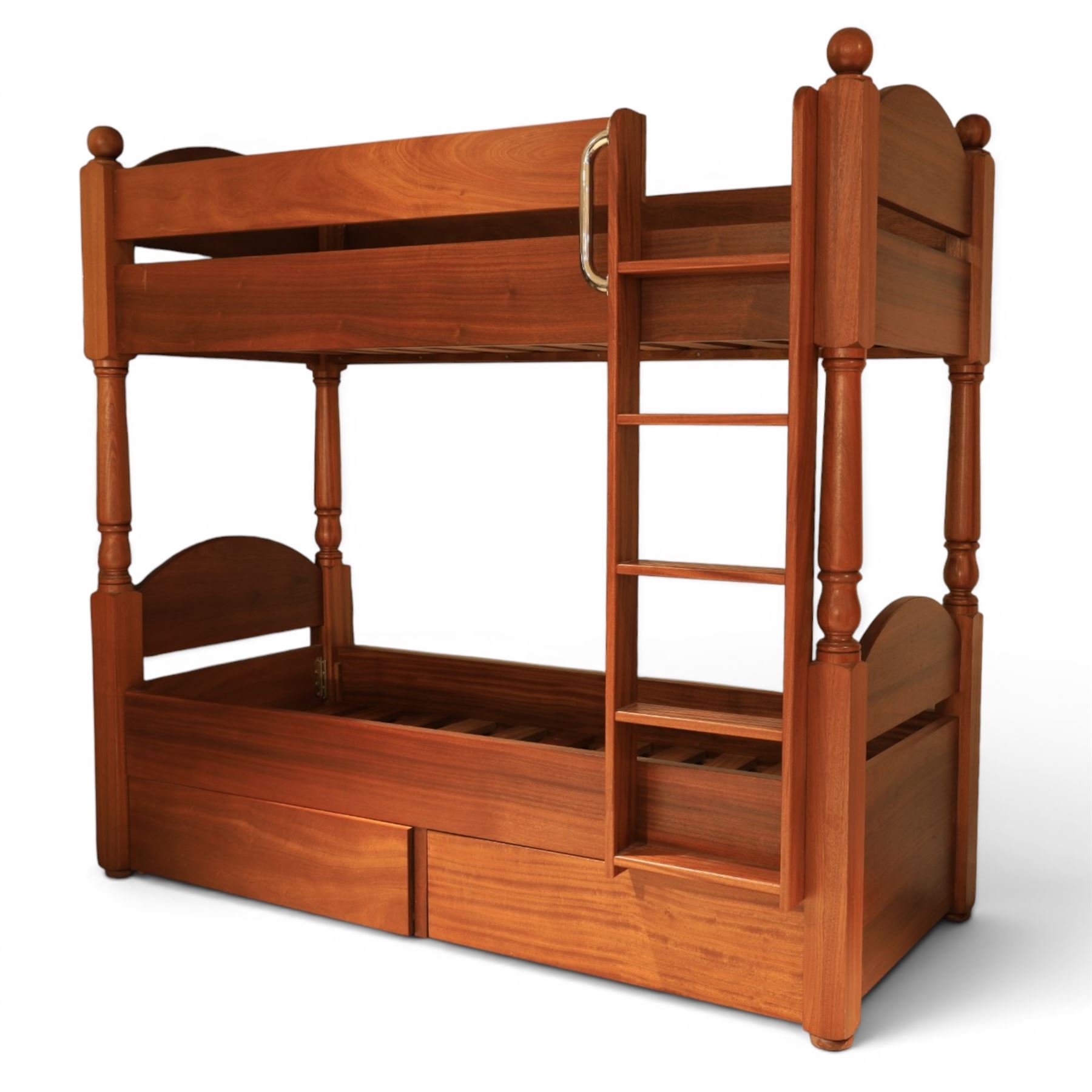 Modern cherrywood single bunk beds, with ball finials, curved headboard and footboard, ladder and chrome hand rail, raised on turned supports, with two base drawers