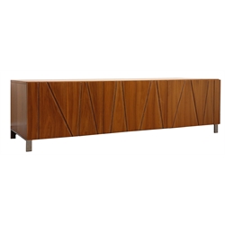  Dwell Furniture walnut low console unit, two fall front units flanking single central drawer, chrome supports, W180cm, H49cm, D50cm  