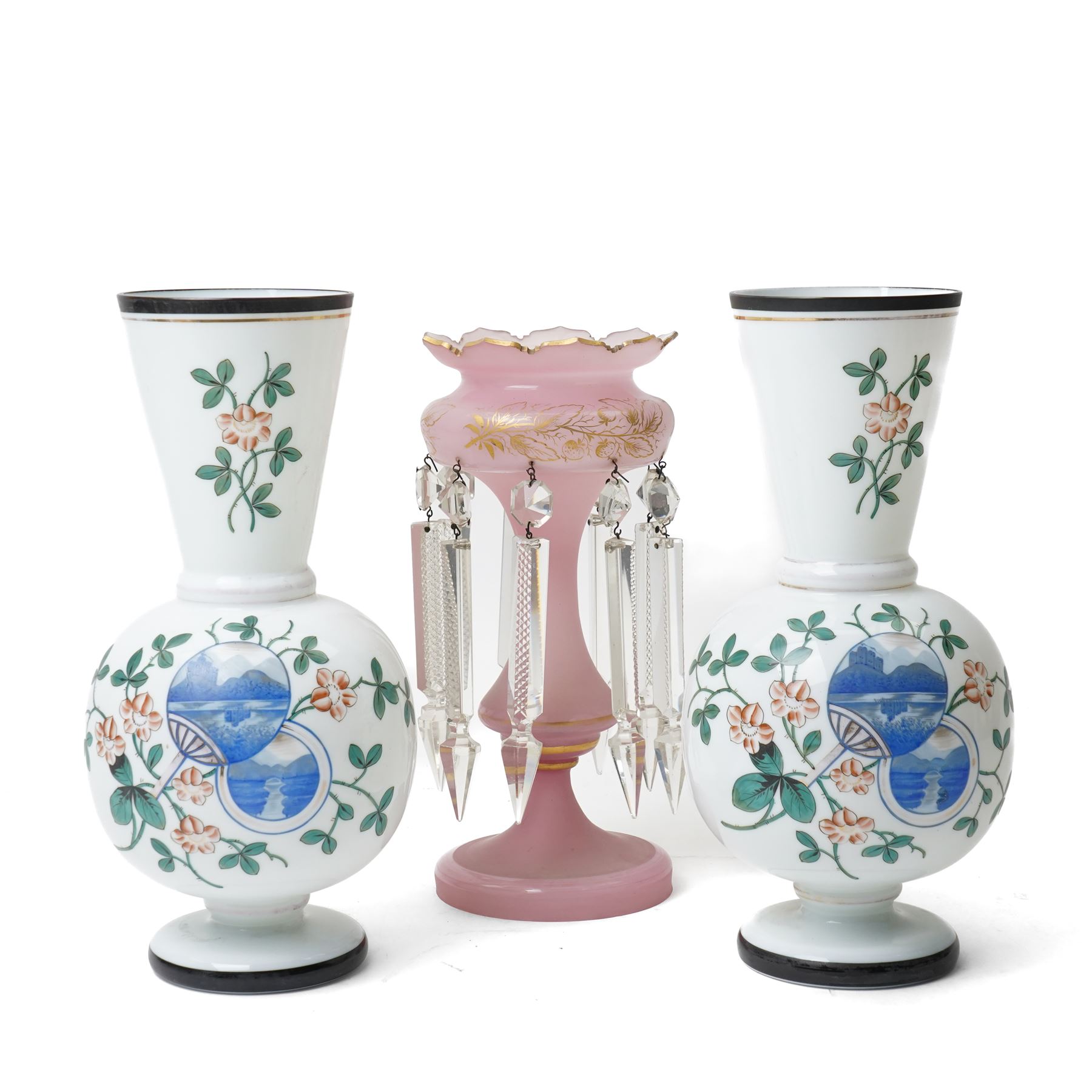 Pair of Victorian opaque glass vases painted with small landscape circular panels in blue and with flowers and leaves H33cm and a Victorian mantel vase hung with lustre drops H30cm (3)