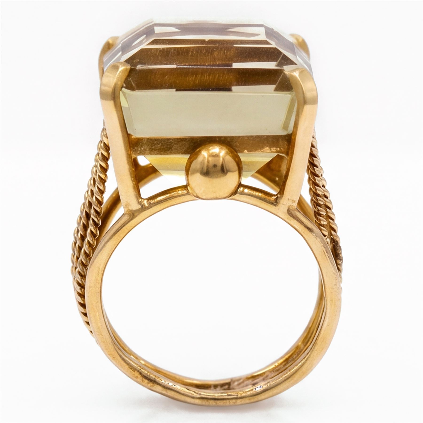 18ct gold citrine ring, single large octagonal cut citrine, with split rope twist design shoulders