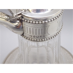  Victorian silver mounted glass claret jug in the Classical Revival style, with pierced thumb piece and beaded borders, the faceted body etched with checkered Greek key design above vertical lines, by Jehoiada Alsop Rhodes, Sheffield 1876, H25cm   