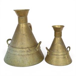 Victorian brass conical measures, 2 Gallon and Half Gallon, each engraved East Riding of Yorkshire, D E Grave & Co Ltd, largest H40cm