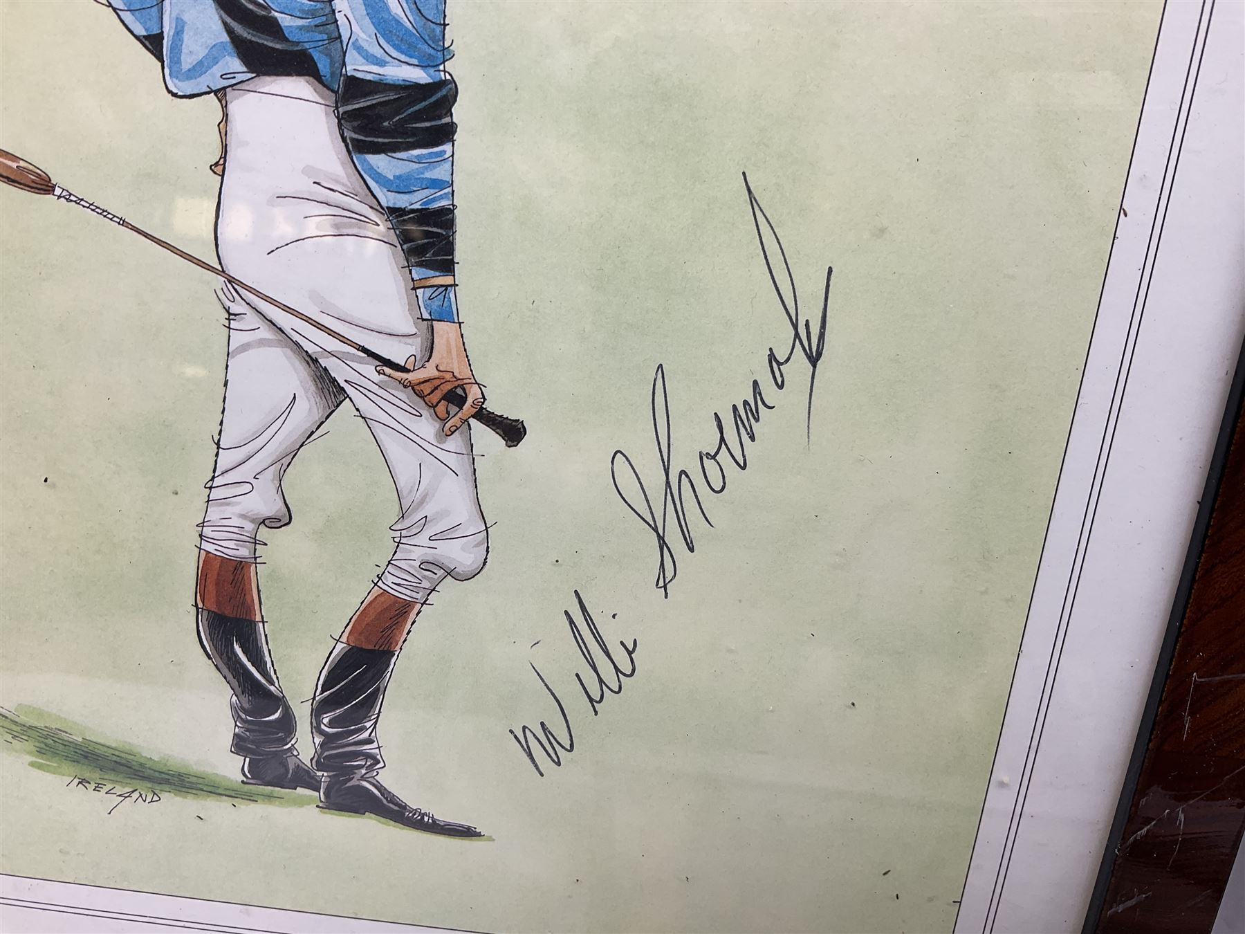 Enamel Horse racing members badges, together with three framed signed racing characters jockey prints, including Steve Smith Eccles, Willie Shoemaker and Greville Starkey, and one other print