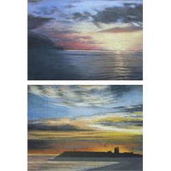 F Rooke (Contemporary): Scarborough North Bay at Sunset, pastel signed, together with another similar, max 28cm x 38cm (2)