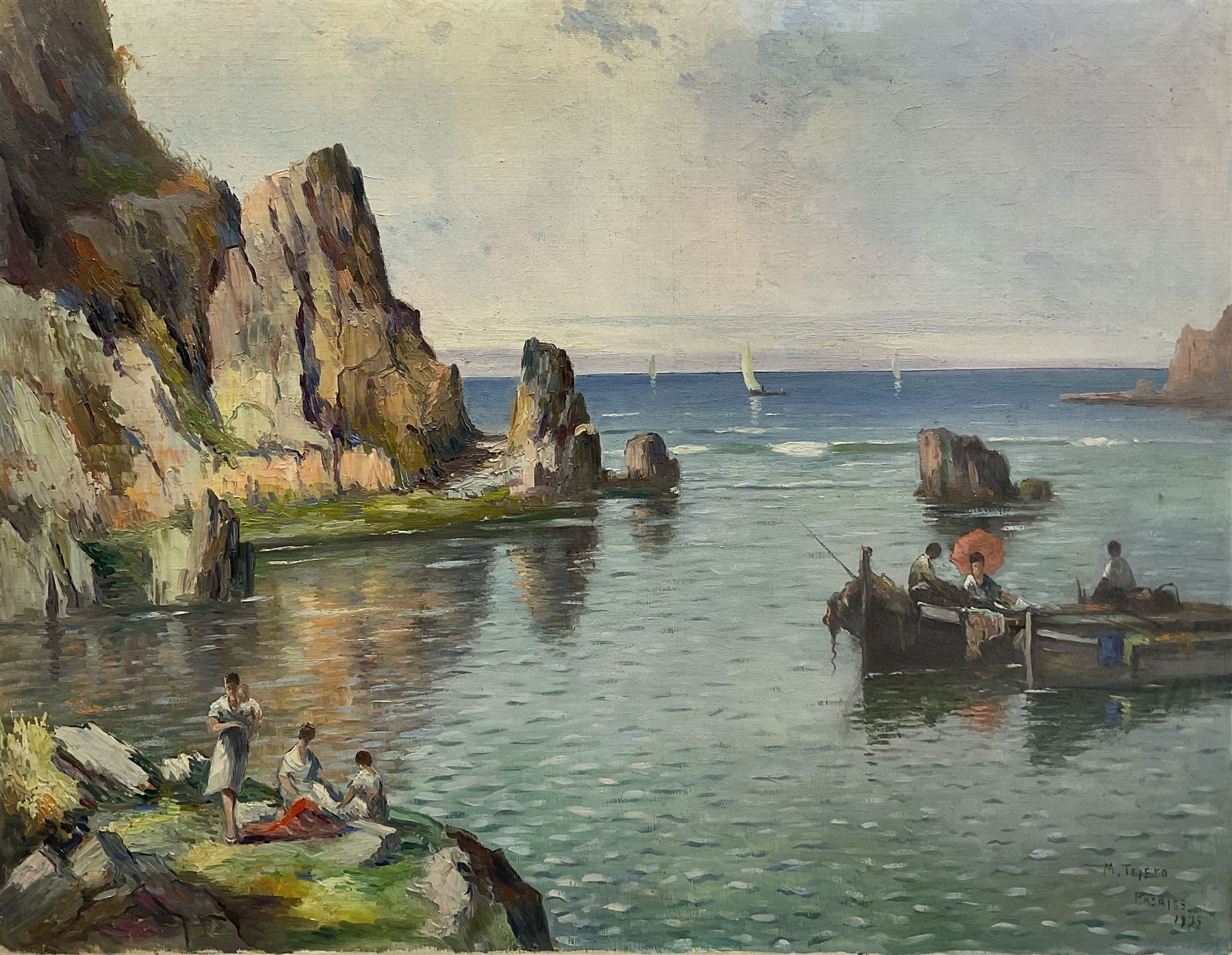 Manuel Tejero (Spanish 19th/20th century): Figures and Boats in a Rocky Cove, oil on canvas signed and dated 'Pasajes 1935', 65cm x 85cm (unframed)