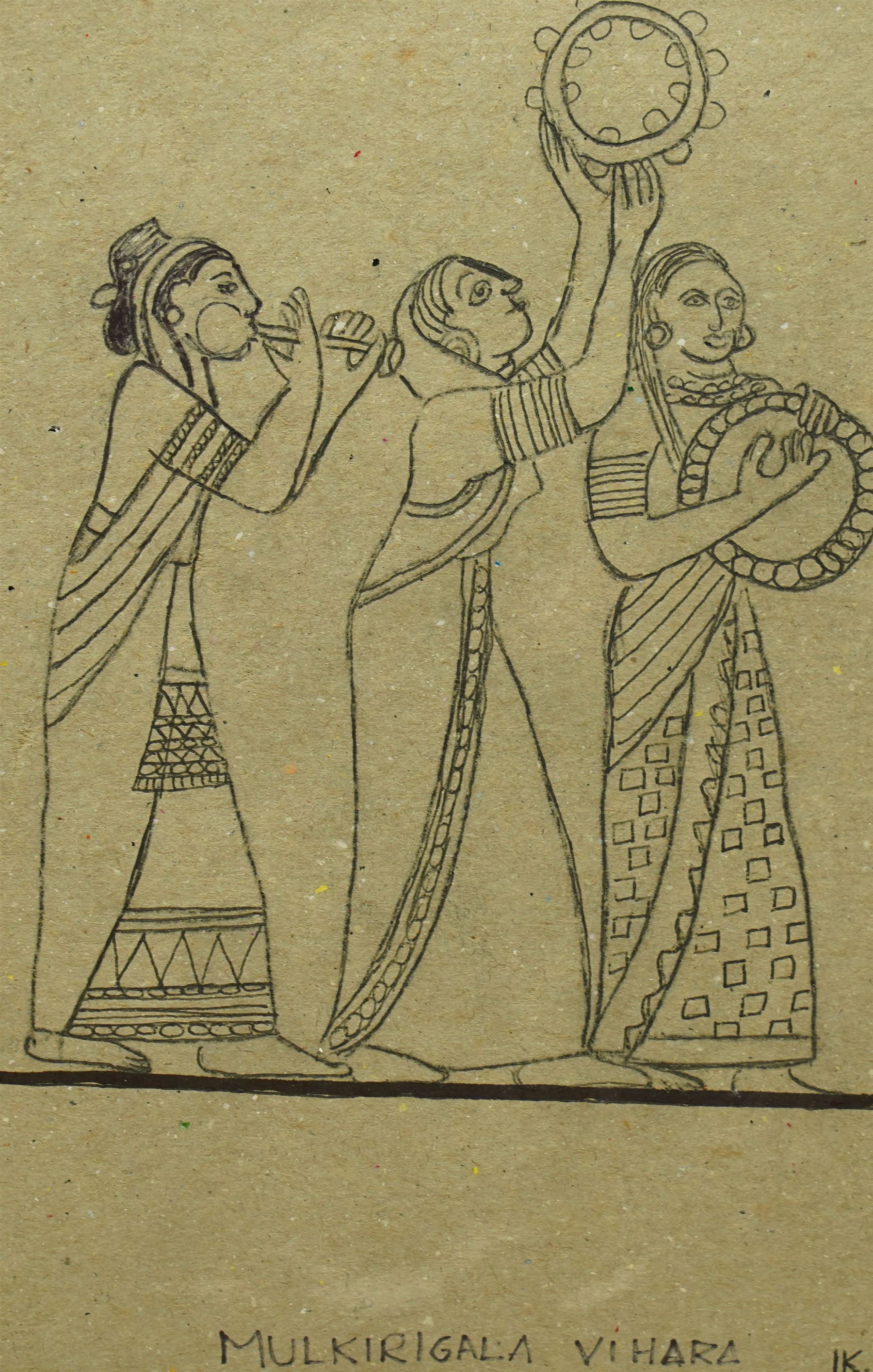 L K Karunaratne (Sri Lankan 1932-2013): Line Drawing of Three Female Musicians - Mulkirigala Vihara, ink on card signed with monogram 24cm x 17cm (unframed)
Notes: L. K. Karunaratne was a respected Sri Lankan artist and a key figure in heritage conservation, known for his detailed studies of Buddhist architecture, Kandyan-period traditions, and archaeological sites
