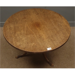  Georgian circular oak tripod table, single turned column, three splayed supports, W80cm, H56cm  