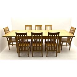 Large oak dining, rectangular extending top with two additional leaves, on square support (H78cm, 100cm x 190cm - L275cm (extended)), and set eight oak dining chairs