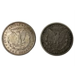 Two United States of America silver Morgan dollar coins, both dated 1921 S