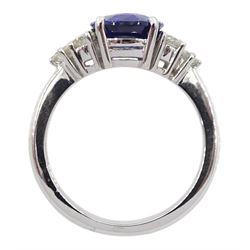 18ct white gold fine oval Ceylon sapphire and six round brilliant cut diamond ring, hallmarked, sapphire approx 2.50 carat, total diamond weight approx 0.50 carat