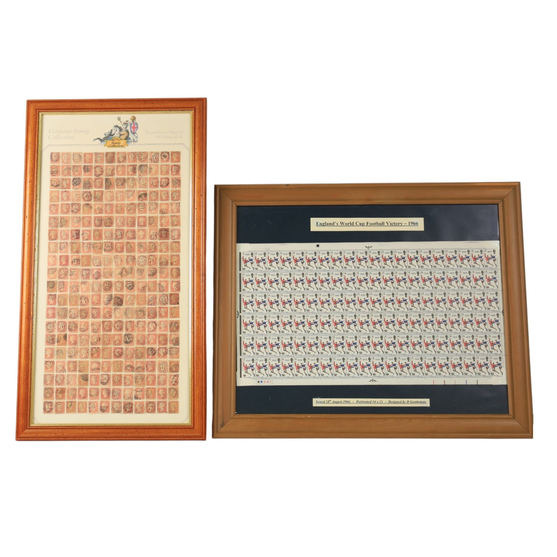 Reconstructed sheet of 240 Queen Victoria penny red stamps, and a Queen Elizabeth II 1966 'England Winners' full sheet of four pence stamps, both framed (2)