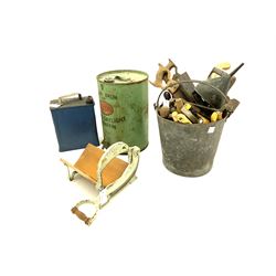 Vintage tools in galvanised bucket, petrol and oil cans, vintage slicer
