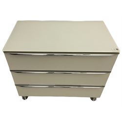 German design glass, white gloss and polished metal three drawer chest, purchased Redbrick Mill, Batley 