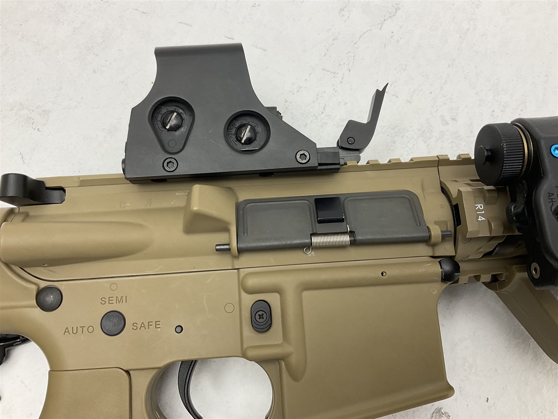 Combat Machine lithium battery powered airsoft BB rifle, 'Complete AEG Series' to fire 5mm pellets, with adjustable length stock L69cm non-extended; with six magazines, Trijicon ACOG red dot telescopic sight, battery charger etc (NO BATTERIES)