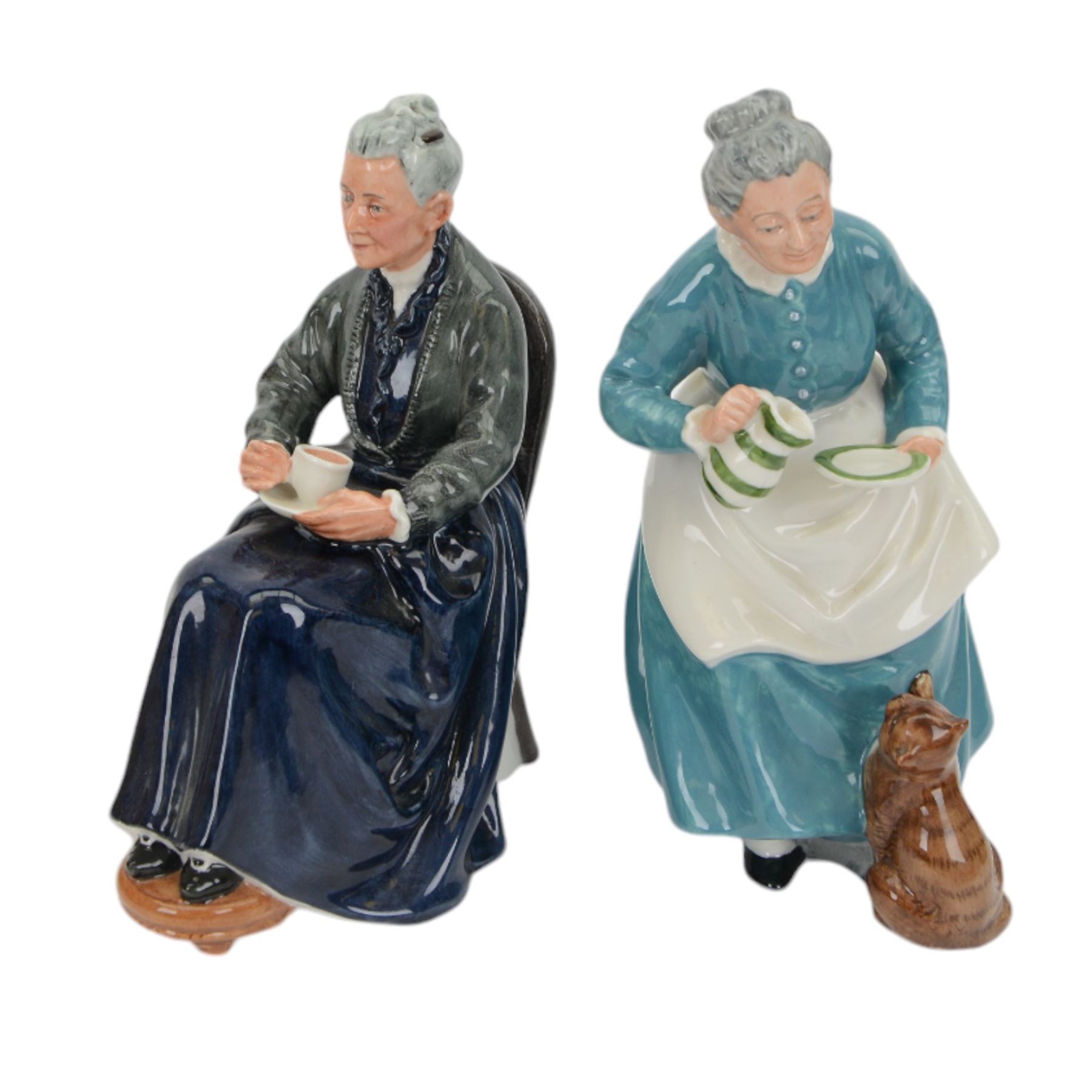 Six Royal Doulton figures including Teatime HN2255, A Stitch in Time HN2352, The Cup of Tea HN2322 etc 