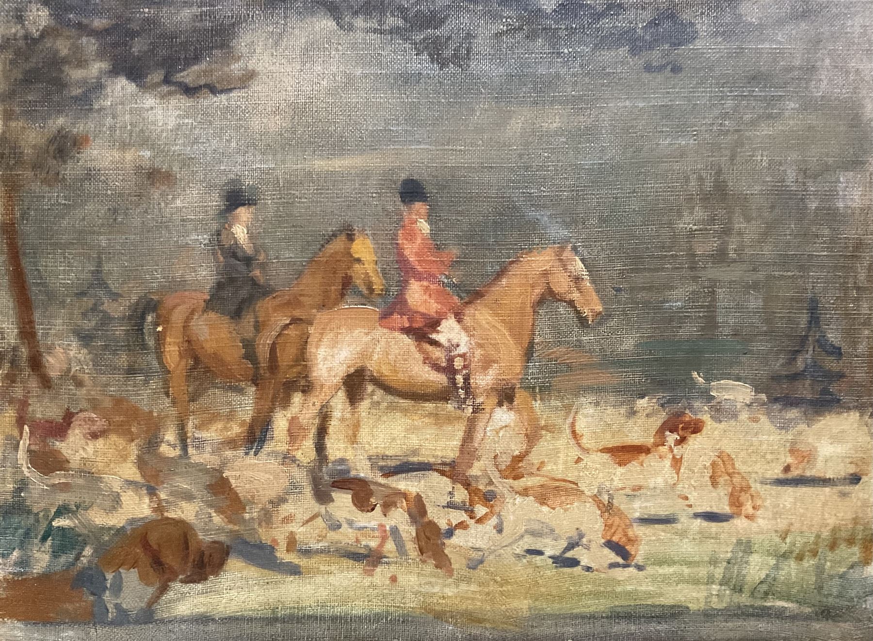Donald Wood (British 1889-1953): The Hunt, oil on canvas unsigned, attributed verso 30cm x 40cm