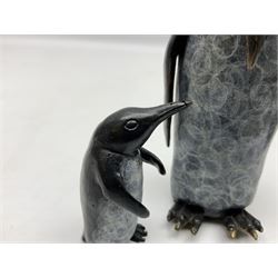 Steve Boss (British 1970-); Bronze figure group of a family of Emperor penguins, entitled Waddle, all with artists monogram beneath, tallest H12cm