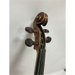 19th century full sized violin in a later hard case, decorative mother of pearl inlay to the tail piece Overall length 60cm No bow