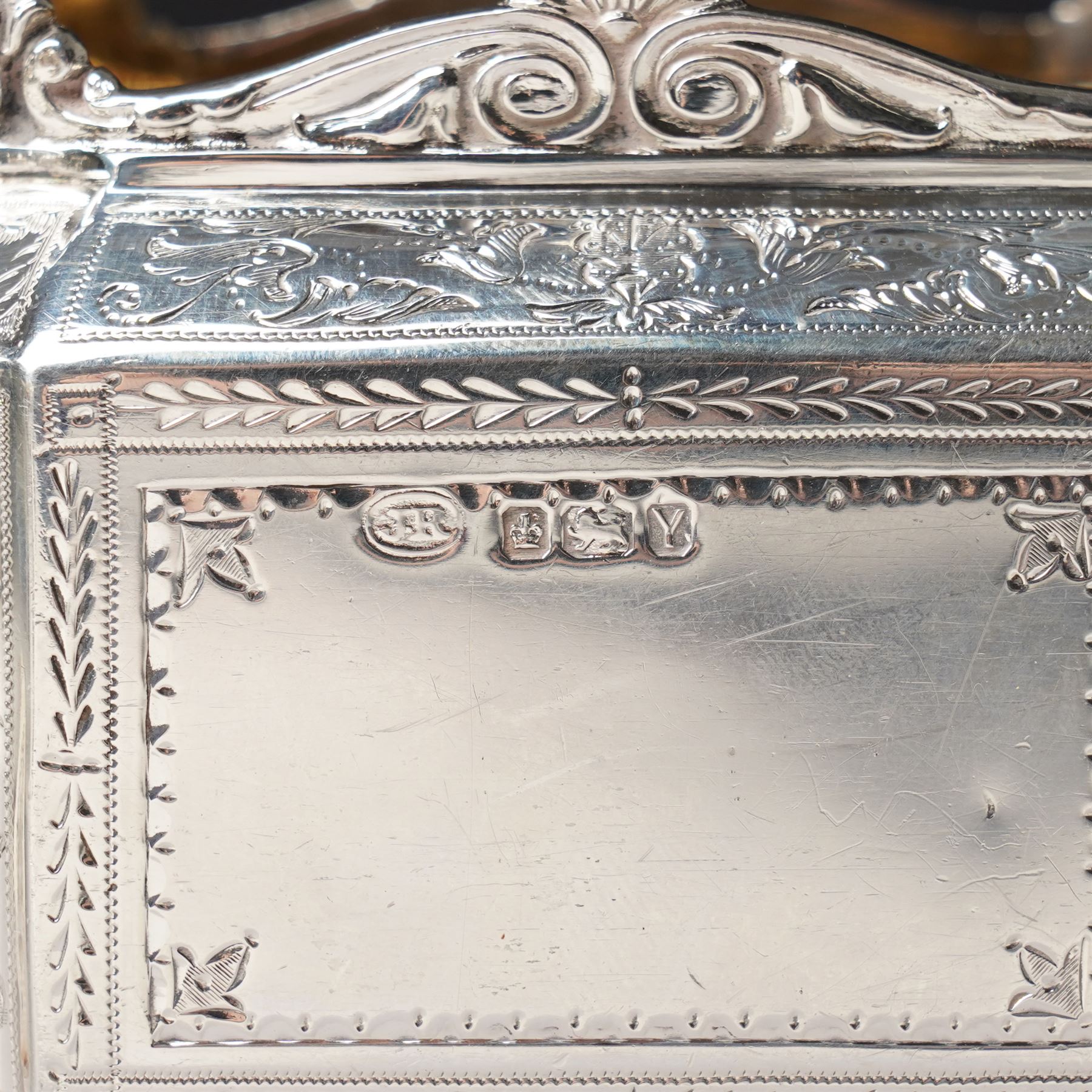 Victorian silver tea and coffee set engraved with classical urns, oval paterae and scrolling foliage, monogram and 'Diligentia et Honore' comprising teapot, tea kettle on spirit heater stand, coffee pot, two handled sugar bowl and cream jug Sheffield 1891 Maker John Round & Son Ltd