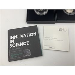 Three The Royal Mint United Kingdom silver proof piedfort fifty pence coins, comprising 2017 'Sir Isaac Newton', 2019 'A Celebration of Sherlock Holmes' and 'Celebrating the Life of Stephen Hawking', all cased with certificates 