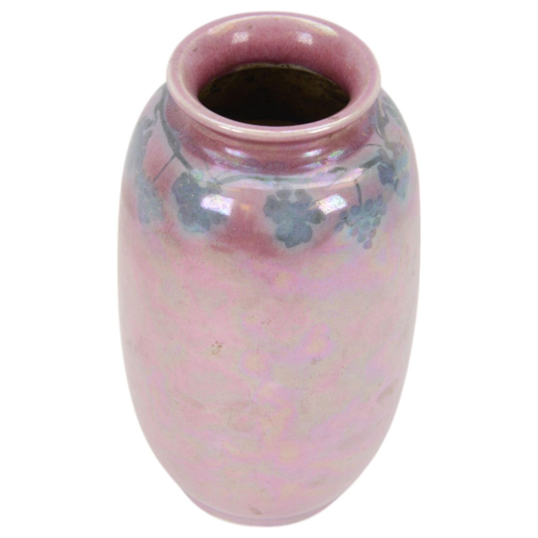 Ruskin Pottery vase, of baluster form, with blue vine decoration upon a pale pink lustre ground, with impressed mark beneath, H19cm