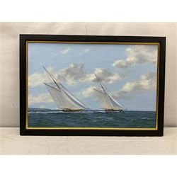George Drury (British 1950-): Racing Yachts - 'Britannia and Lulworth racing on the Solent',  oil on board signed, titled verso 47cm x 73cm
 