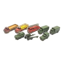 Dinky - five military vehicles comprising three-ton Army Wagon No.621, Army Wagon No.623, Armoured Personnel Carrier, Army one-ton Cargo Truck and French Obusier (Howitzer) No.80E, all unboxed; together with unboxed and playworn Big Bedford No.522, Leyland Comet and Fire Engine N0.555 (8)