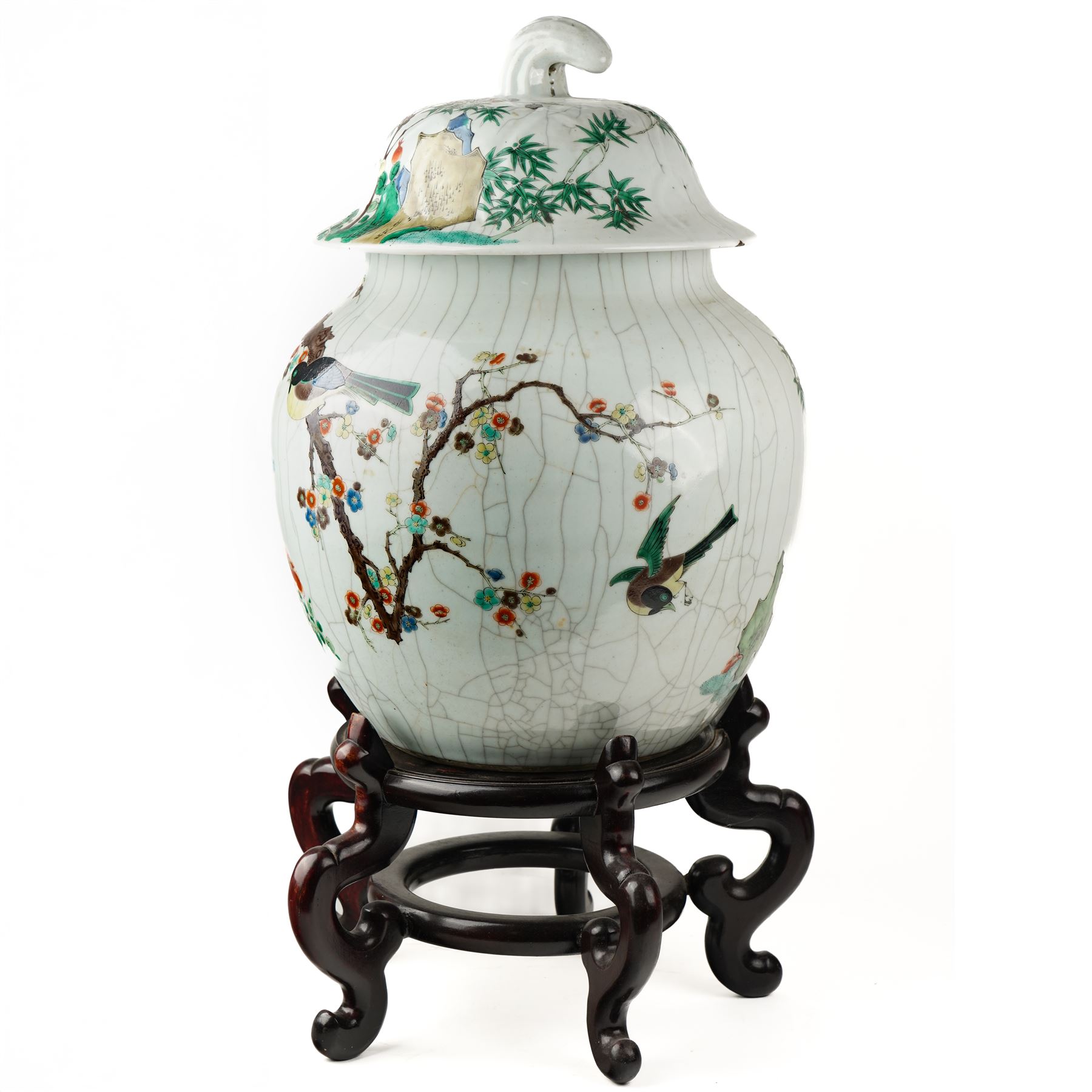 Late 19th century Chinese famille verte crackled ice pot and cover, of ovoid form, decorated with birds, blossom and bamboo, the cover with handle formed as a root, with hardwood display stand H50cm