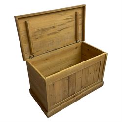 Waxed pine blanket box, hinged lid over panelled front