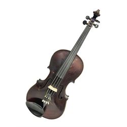 Neuner & Hornstiner early 20th century half size violin c1900, two piece maple back and ribs with a spruce top in a later ridged carrying case, no bow Length 57cm