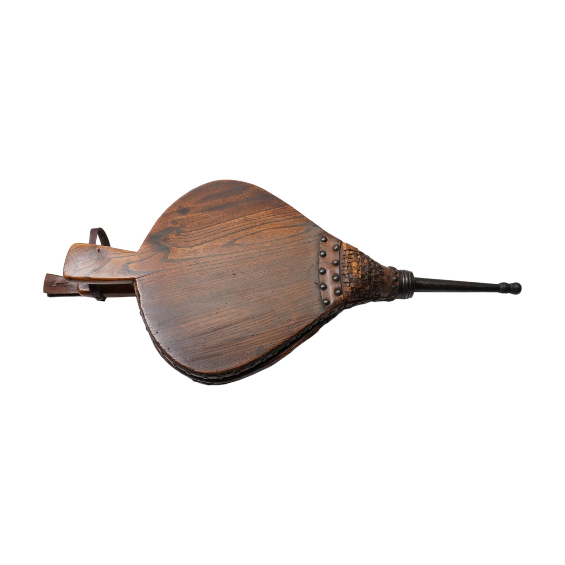 Two Victorian brass and copper warming pans, brass preserve pan, oak bellows and other items