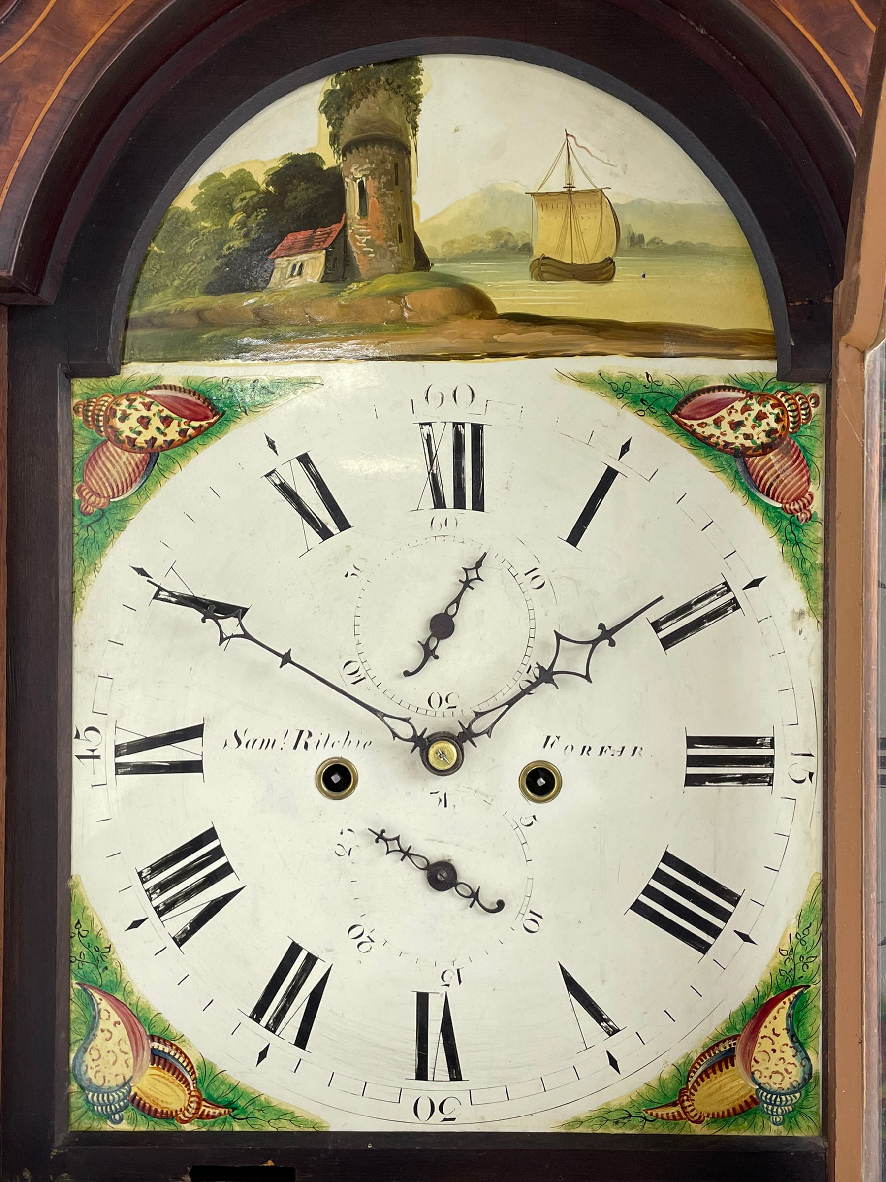 Samuel Ritchie of Forfar - William IV 8-day Scottish longcase clock in a mahogany case, with a swans neck pediment, brass paterae and three ball and spire brass finials, case and trunk inlaid with satinwood stringing on a plinth raised on decorative bracket feet, painted break arch dial depicting a costal scene to the break arch and conch seashells to the spandrels, Roman numerals, subsidiary seconds and date dials with matching steel hands, with a rack striking movement striking the hours on a bell. With weights, key, and pendulum.  Samuel Ritchie is recorded as working in Forfar 1800-37.