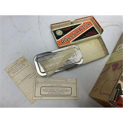 Collection of various razors and smoking items to include Ronson brass table lighter, Rolls Razor, Seigneur case with lighter, etc