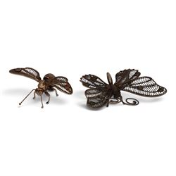 Two filigree insects, modelled as a butterfly and hornet, with decorative stones applied t...