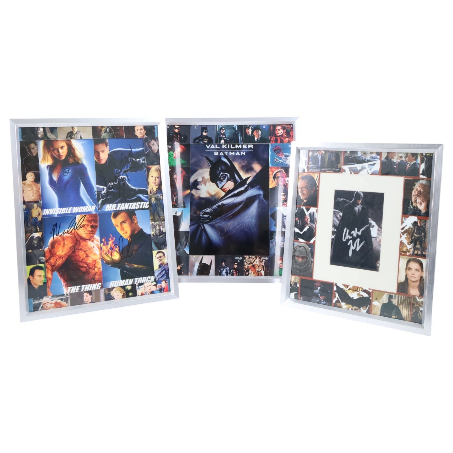Collection of film related prints, all with spurious signatures, including Fantastic Four, Batman, Indiana Jones, etc all framed