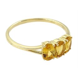 9ct gold three stone oval cut citrine ring, hallmarked