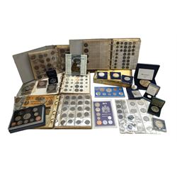 Great British and World coins, including 1996 brilliant uncirculated coin collection in card folder, 1998 proof coin set in blue display with certificate, commemorative crowns, 1953 unofficial year set in plastic holder, pre-decimal coinage, pre-Euro coinage etc, housed in various ring binder folders and loose