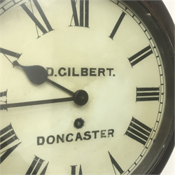 Early 20th century circular beech dial clock, the Roman dial signed 'D. Gilbert Doncaster', single train driven movement, D34cm (with pendulum)