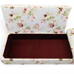 Traditional design scroll end chaise longue Ottoman, floral upholstered buttoned seat hinged to reveal a red lined interior, with reclining scroll end, raised upon squat bun feet