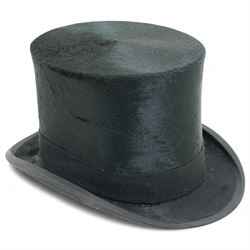 Black top hat by TB & W Cockayne in leather hat box 